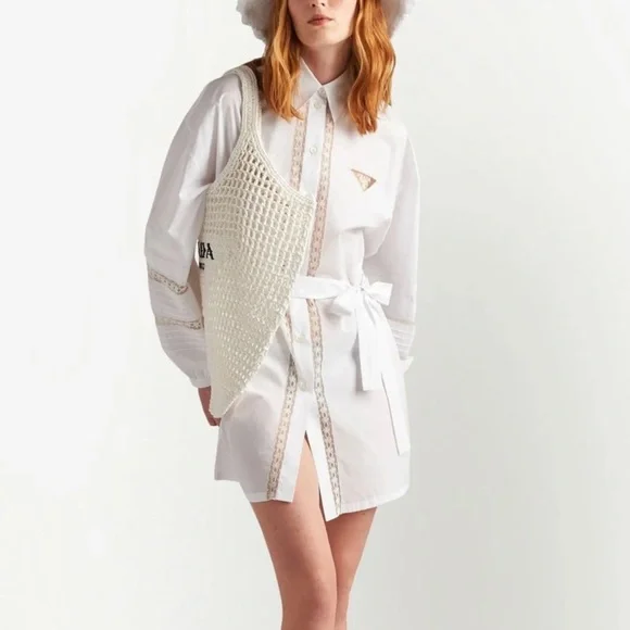 Prada White Long Sleeve triangle logo Shirtdress coverup tie dress - Picture 3 of 6
